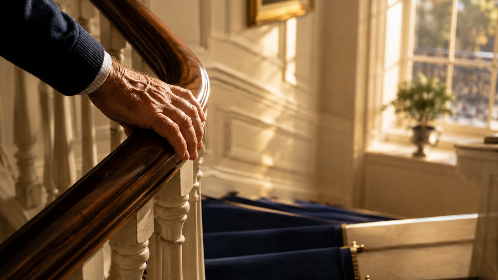 An older hand resting on a wooden stair banister.