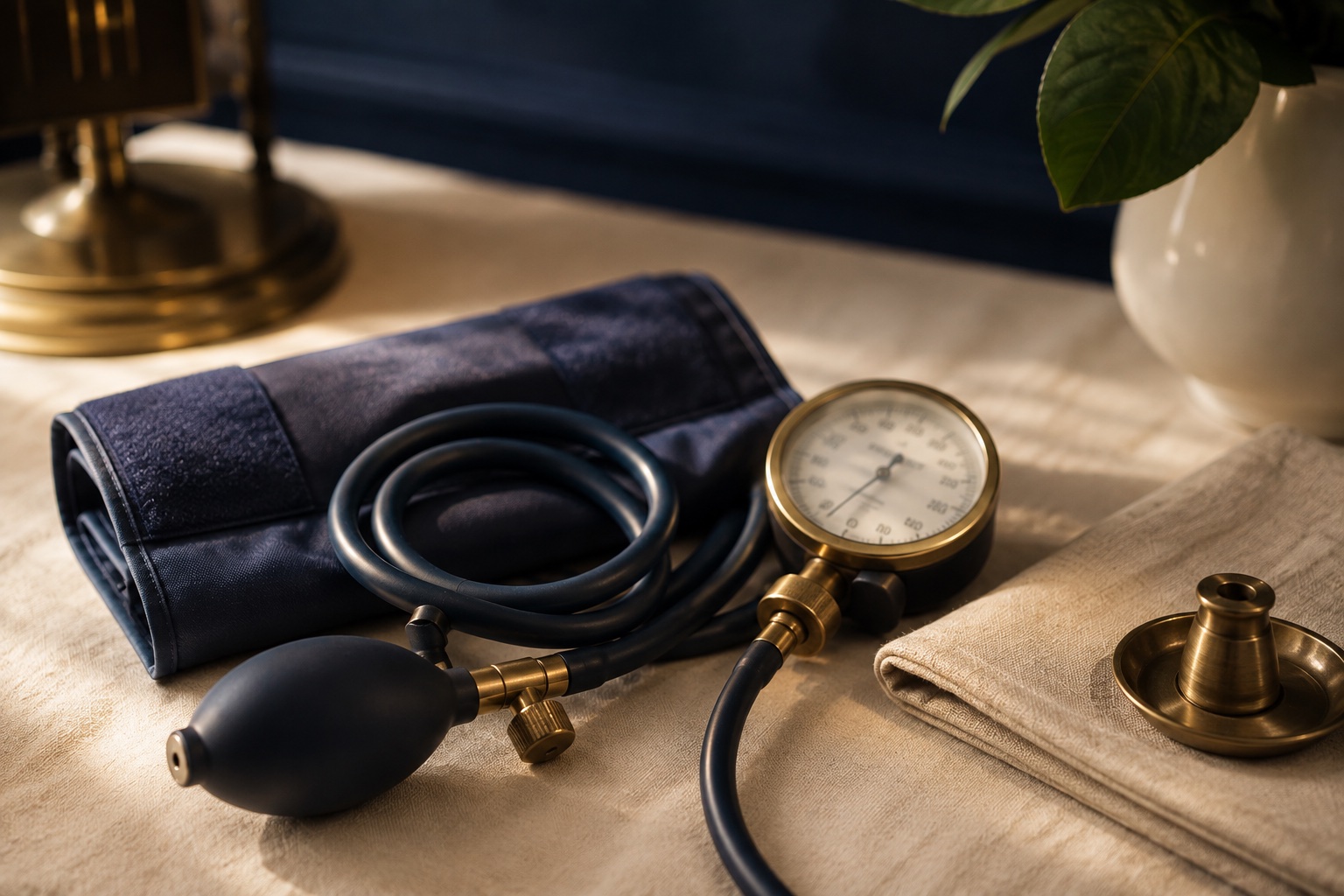 A blood pressure cuff with a brass-rimmed gauge on linen.