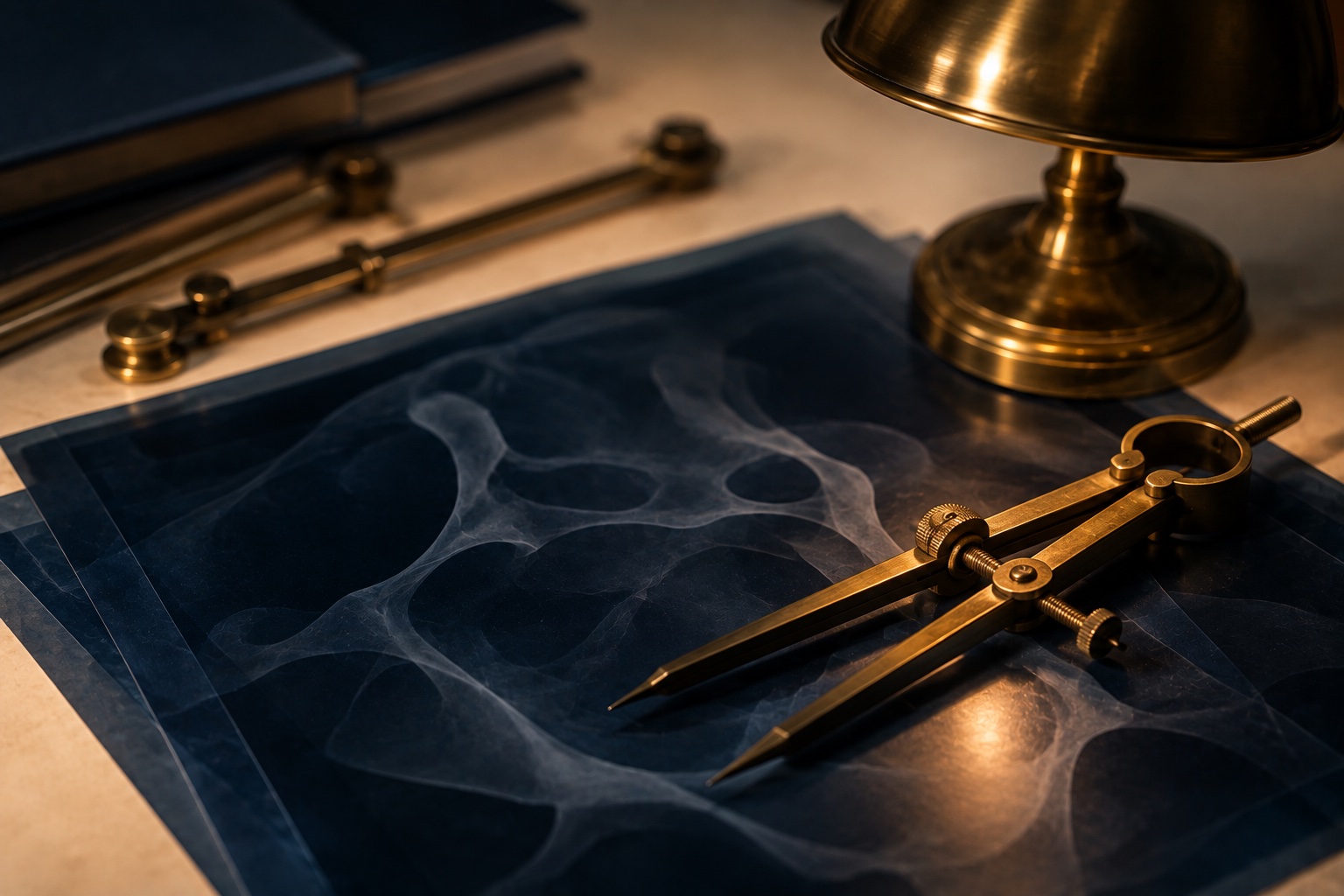 Brass callipers resting on blue medical imaging film.