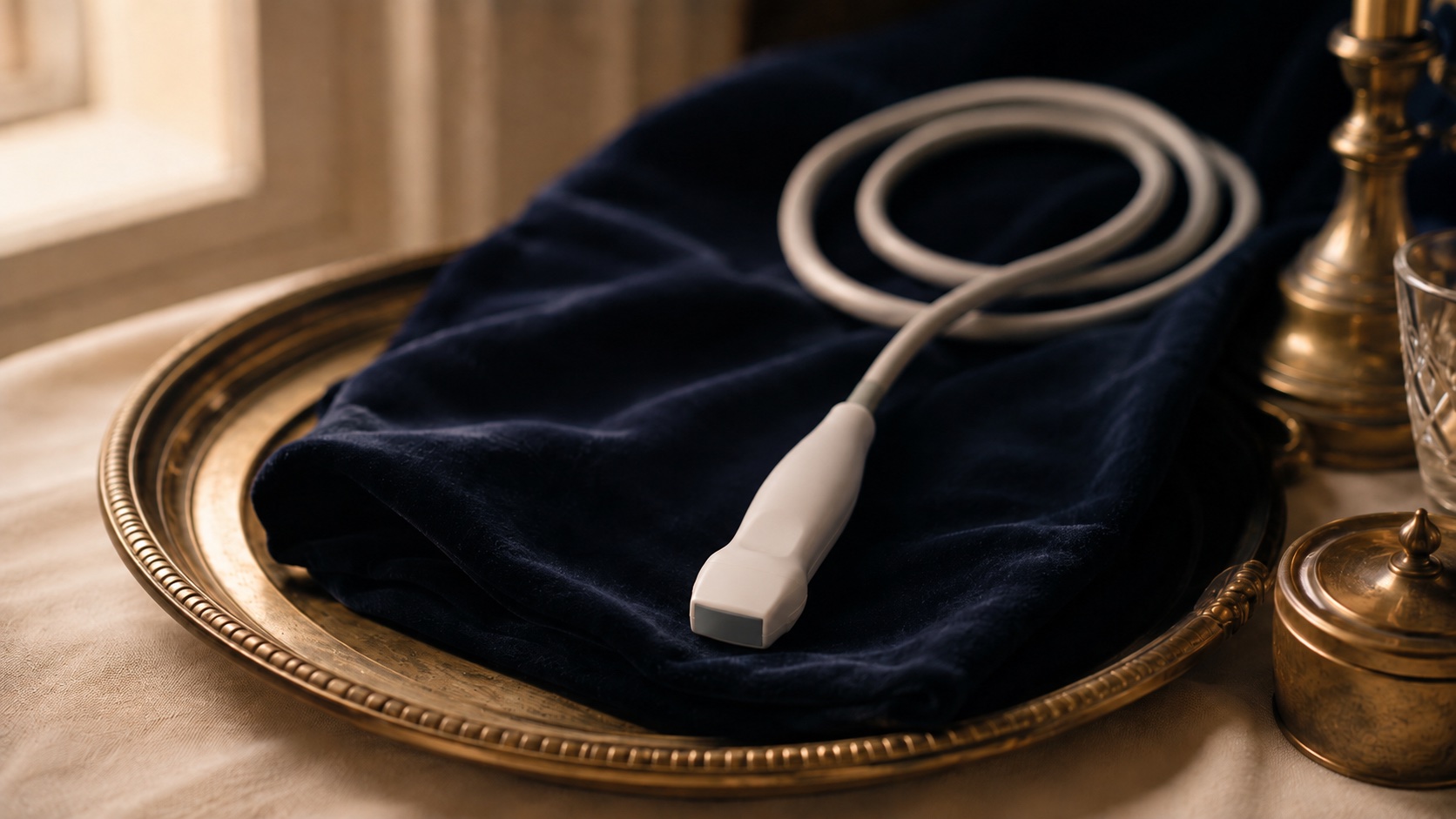 A cardiac ultrasound probe resting on navy velvet.