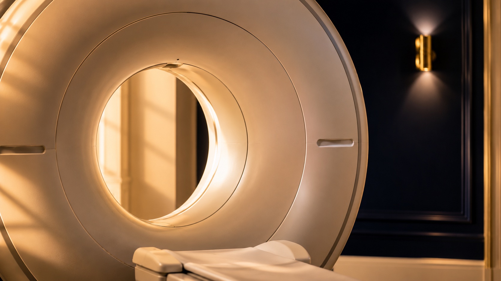 The warm-lit bore of an MRI scanner.