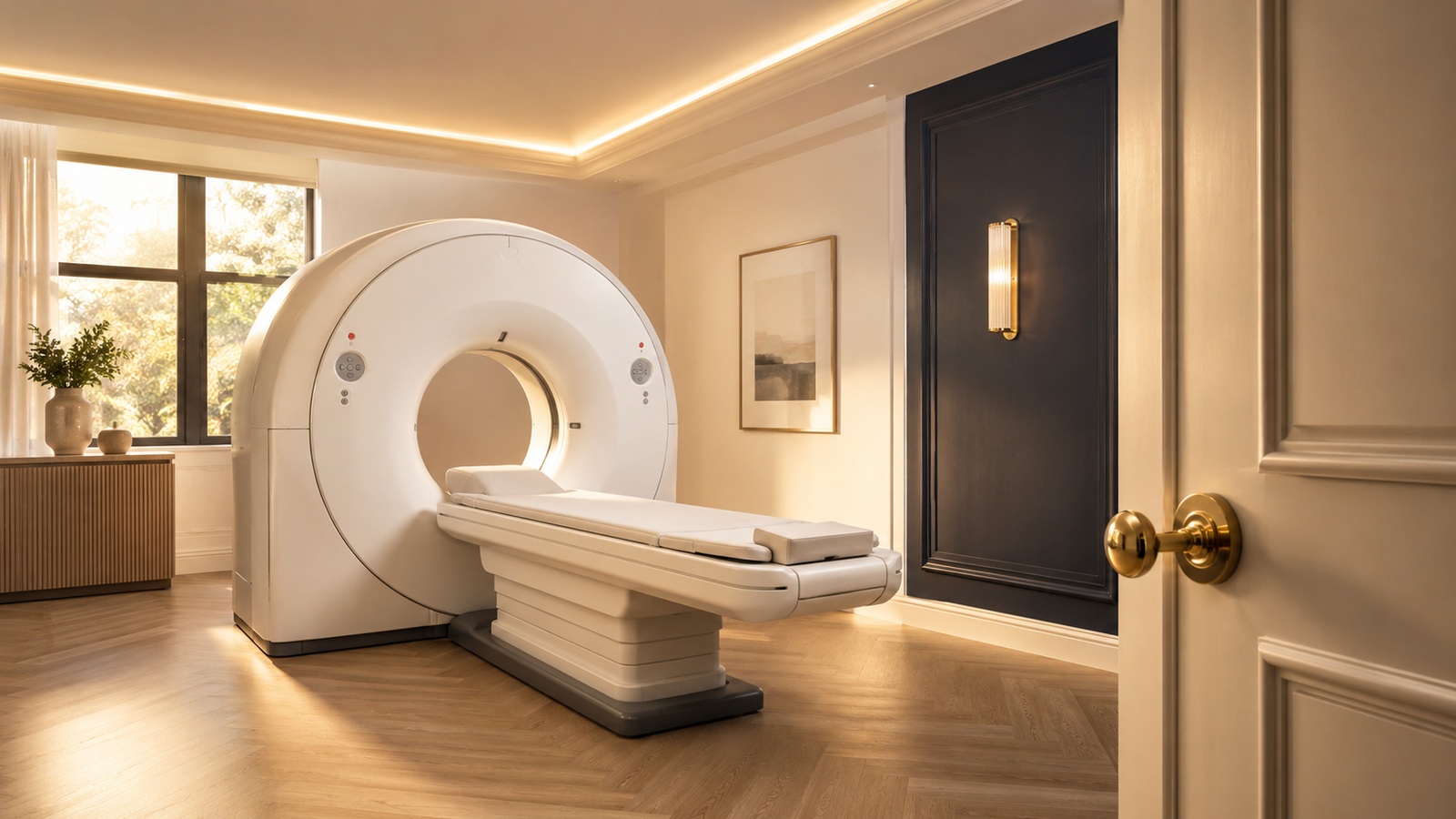 A calm, warmly lit CT scanner suite.