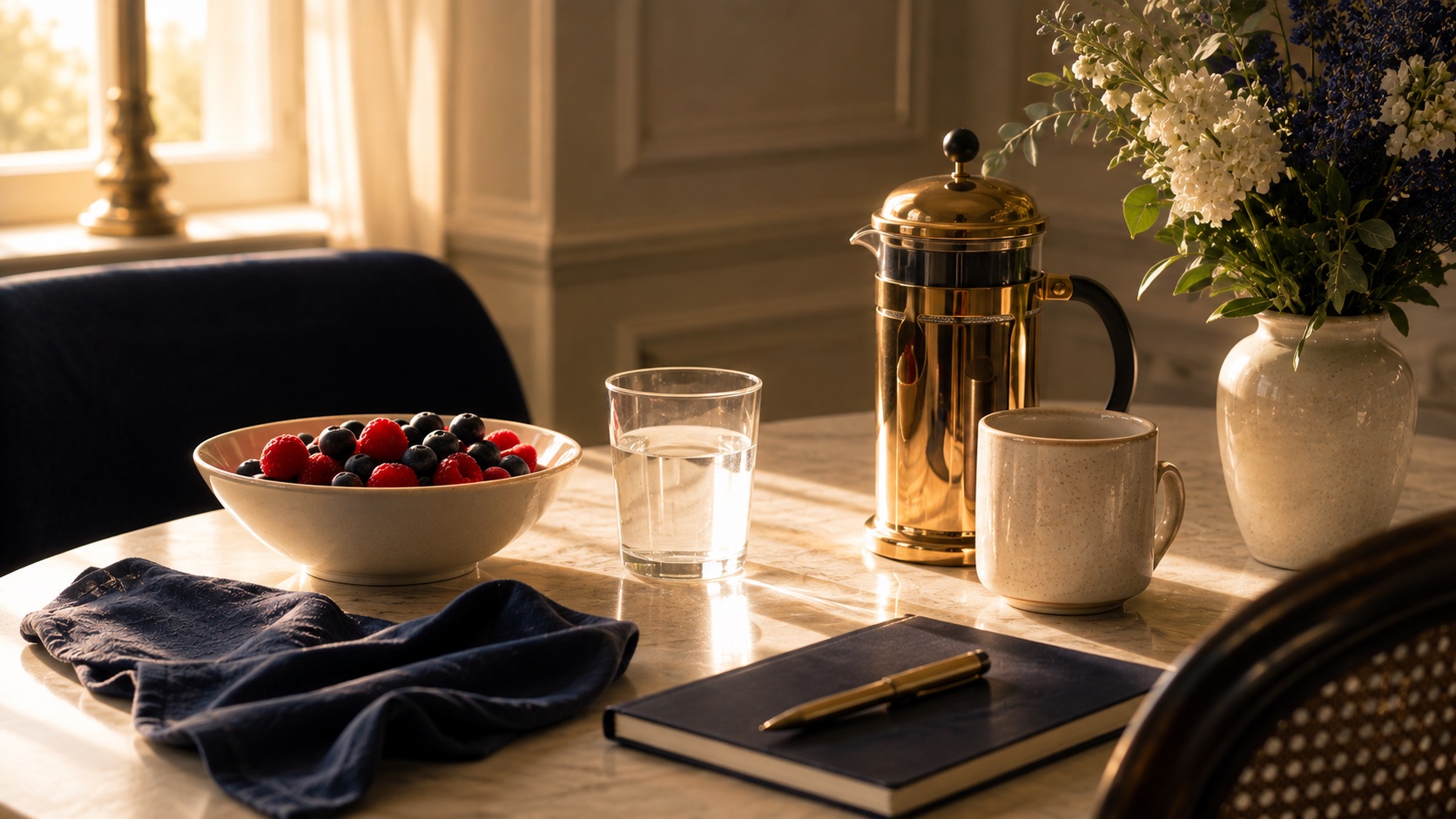 A breakfast table with berries, water and fresh flowers.