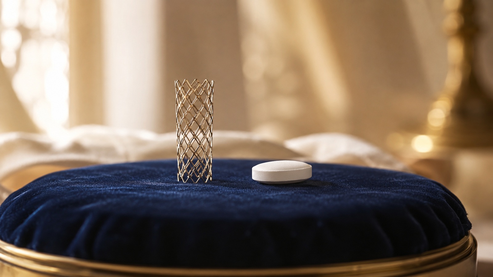 A coronary stent and a tablet side by side on velvet.