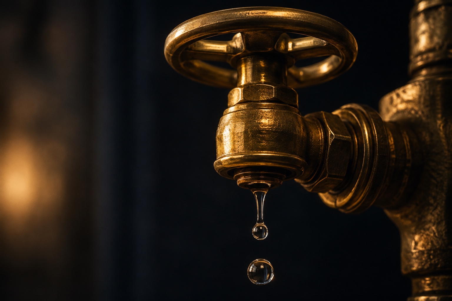 A brass valve with a single suspended water droplet.