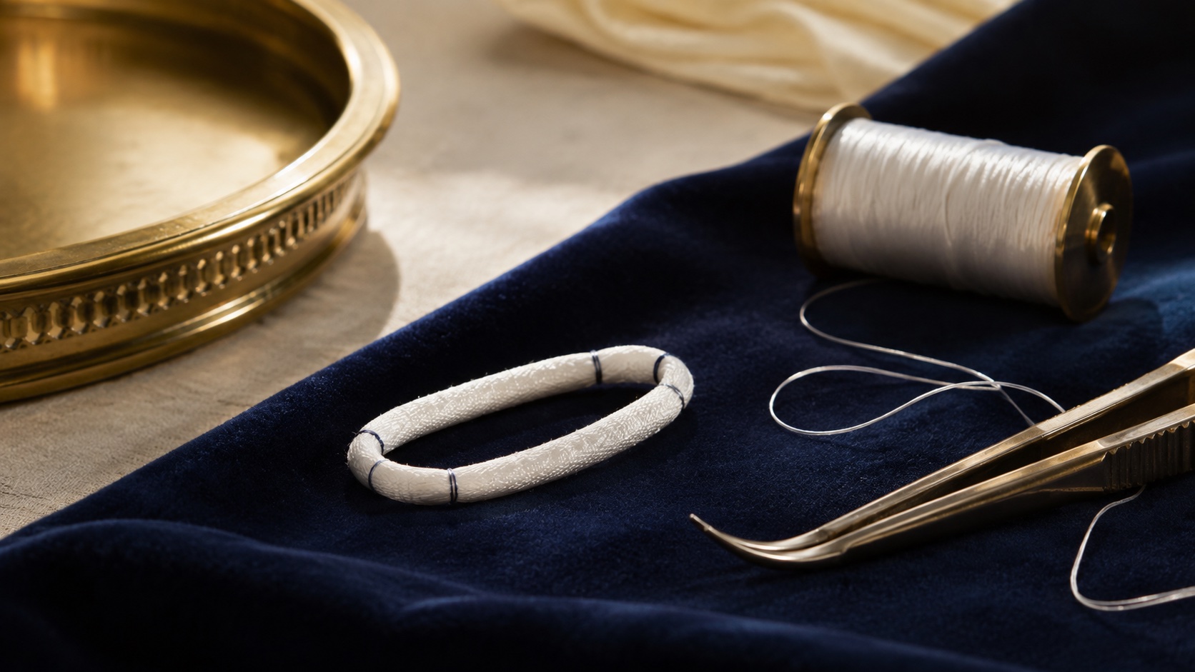 A mitral repair ring with fine sutures and forceps.