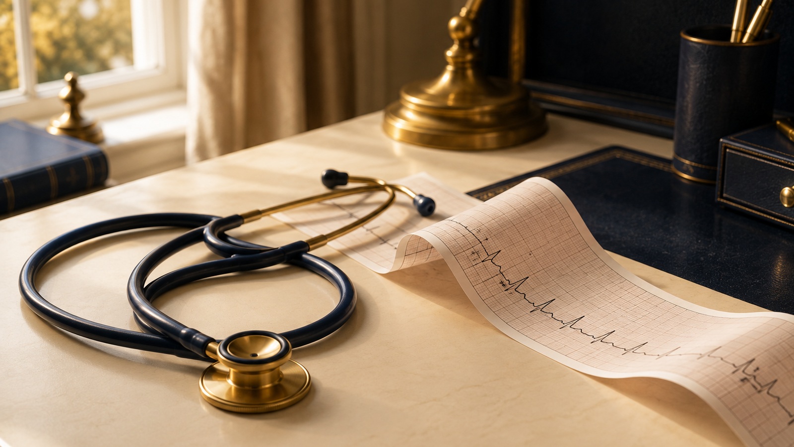 A stethoscope beside a heart rhythm strip.
