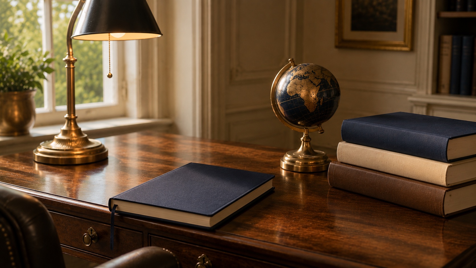 A travel desk with a globe and a navy notebook.