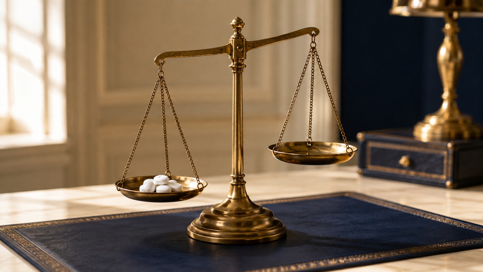 Brass scales weighing white tablets.