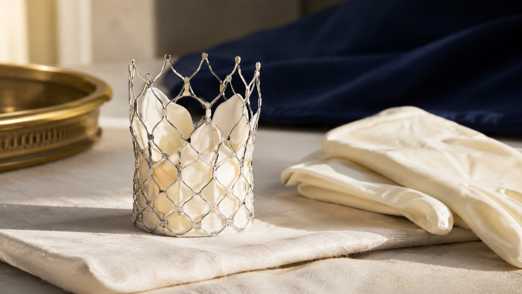 A transcatheter heart valve beside folded surgical gloves.
